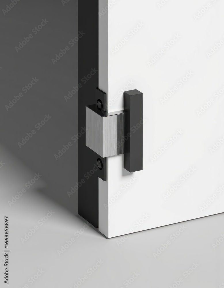 Poster close-up of an exit gate housing hinge and latch mechanism