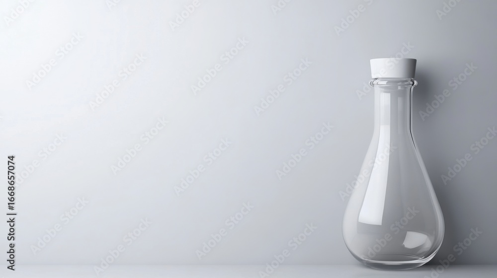 Poster glass laboratory flask with smooth surface and light reflection on gray background