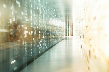 data visualization through a stylized perspective of neon-lit panels and streaming information bits—symbolic of cloud migration and digital innovation.