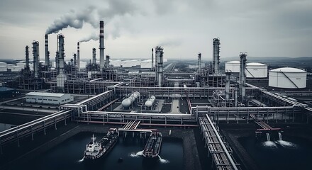 Fototapeta premium Extensive industrial complex with pipelines and storage tanks.