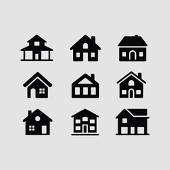 Collection of black house icons set, residential home symbols, simple real estate illustration, property vector design, architecture silhouette, isolated housing pictogram artwork..