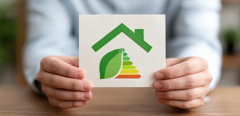 Hands holding a card with a house and leaf icon symbolizing energy efficiency