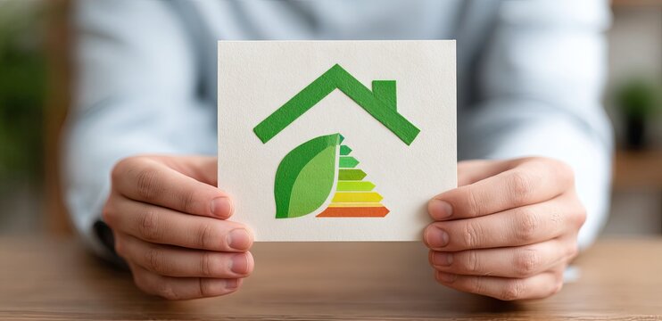 Hands holding a card with a house and leaf icon symbolizing energy efficiency - Powered by Adobe