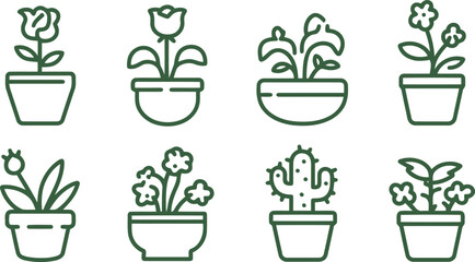 Collection of potted plants and flowers, a set of minimalist vector icons perfect for home, garden, and botanical themes.