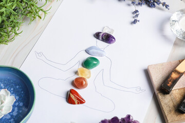 Human drawing with gemstones placed on chakras, plants and palo santo against white background,...