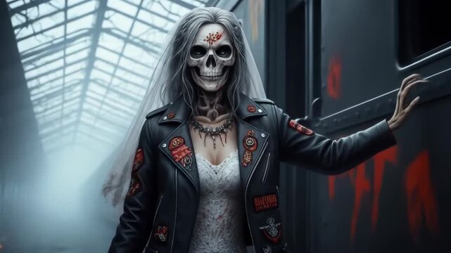Eerie Skeleton Bride in Leather Jacket Boards Ghost Train at Abandoned Station with Pumpkins