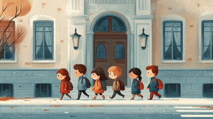 Cheerful children with backpacks leaving school building in autumn, illustrated back to school scene with cute cartoon style, ideal for education, poster, and campus design.