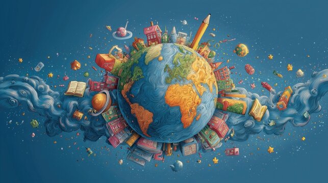 Whimsical globe illustration adorned with books, buildings, a pencil, planets, and stars, symbolizing global education, knowledge, and exploration, perfect for creative design and academic themes.