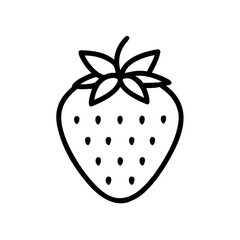 Simple black and white line drawing illustration of a strawberry, graphic food icon