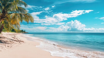 A serene beach scene with a palm tree and clear blue sky.