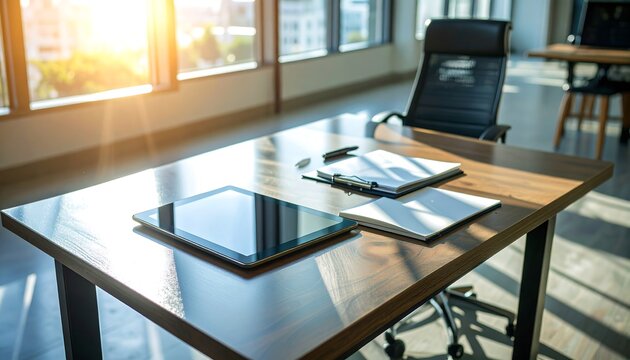 Modern Office Desk: Tablet, Documents, Sunlight