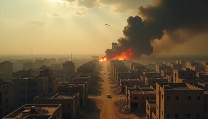 Urban destruction fire smoke aerial view damaged buildings