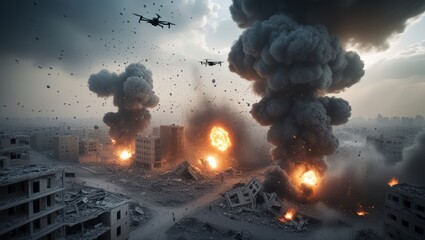 War zone destruction buildings smoke helicopters aerial view