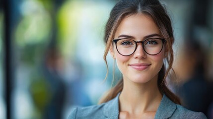 A young woman with long brown hair wearing glasses and a blazer, standing outdoors with a blurred background.