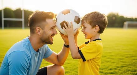 Father and son playing soccer, holding ball, grassy field, sunset