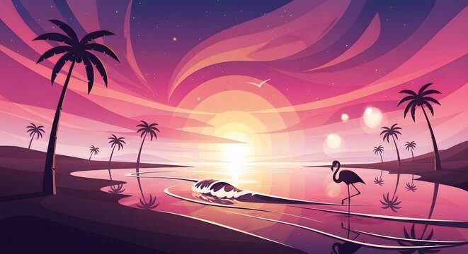 Vibrant pixel art sunset with palm trees and a flamingo by the water