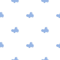 Minimal seamless pattern of fluffy blue cloud icons on a white background. Perfect for children’s decor, wallpapers, and cute fabric designs.