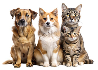 Fototapeta premium Three cats and a dog are looking at the camera isolated on white background ,PNG. AI Generated.