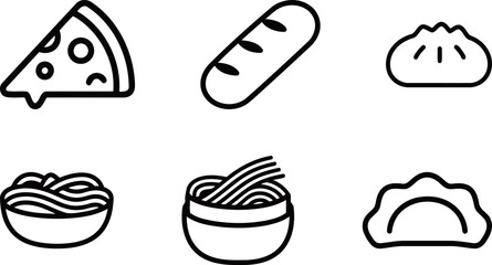Assortment of food and meal vector icons, featuring pizza, bread, pasta, and dumplings, for restaurant and cuisine concepts.