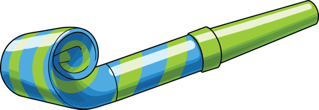 Colorful party blower with blue and green stripes, festive noise maker, celebration accessory, birthday party, fun event decoration, joyful item