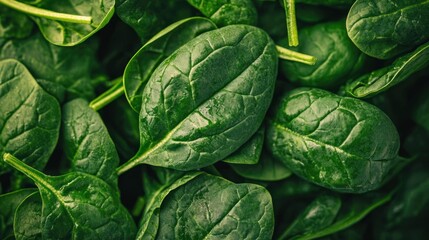 A close-up of a green spinach leaf with a blurred background.