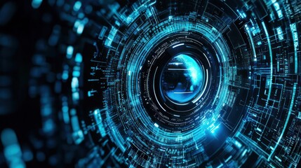 Fototapeta premium A futuristic, digital tunnel with glowing blue lights and intricate, circular patterns.
