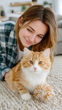 Woman Playing with Orange Cat Using Feather Toy at Home