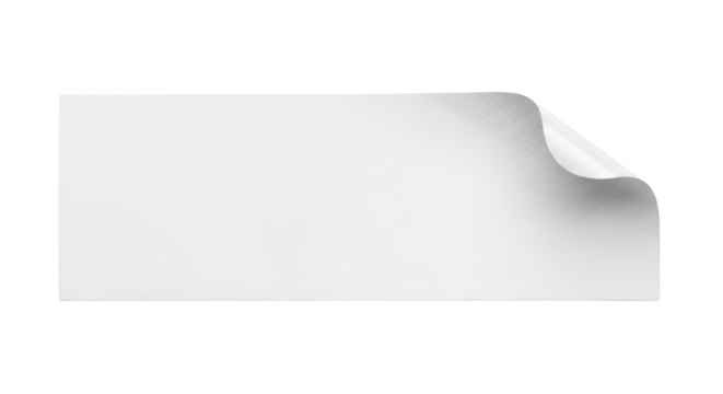 Blank white rectangular paper with a curved edge, isolated on a white background.