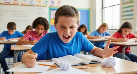 Frustrated boy shouts in a classroom, surrounded by classmates diligently working at their desks; crumpled paper lies on his desk