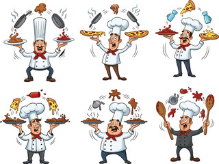 Funny cartoon chef juggling pizza, kitchen tools, food, drinks, and utensils, humorous cook character set for restaurant, pizzeria, culinary vector illustration