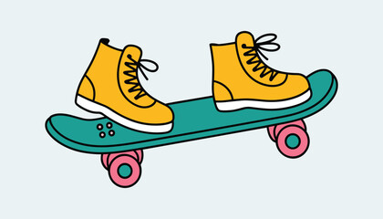 Colorful skateboard with yellow sneakers cartoon illustration, trendy lifestyle design vector, youth fashion concept artwork, street culture icon, sport activity graphic element collection.