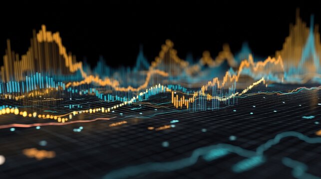 Abstract Stock Exchange Visualization With Multiple Layered Line Graphs And Glowing UI