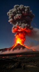 Fototapeta premium Volcanic eruption spewing thick ash cloud into the night sky with glowing lava flow