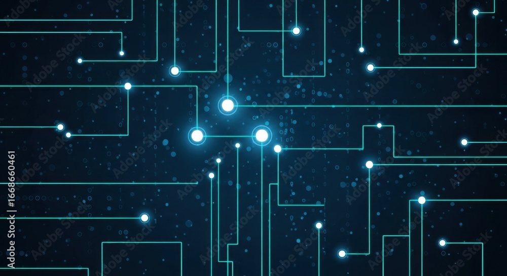 Poster a glowing blue circuit board pattern with illuminated nodes and connecting lines against a dark spec