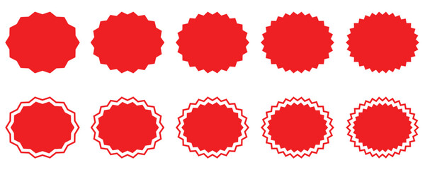 Red Starburst Sticker Set – Price Tags, Sale Labels, Discount Badges, Sunburst Circle Shapes Vector