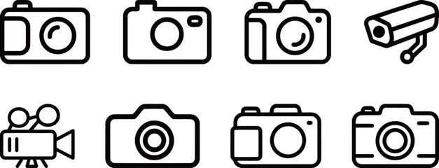 Set of camera and video recording equipment vector icons, featuring various camera types and a security camera, for technology and photography themes.