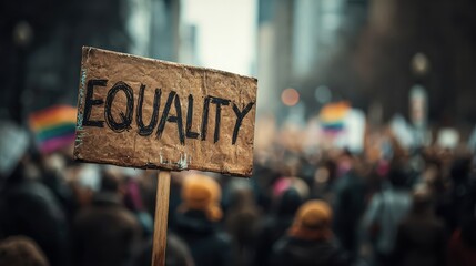 Equality Protest Sign at a Rally with Crowd and Rainbow Flags