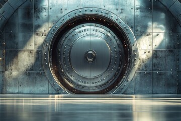 metallic bank vault entrance bathed in warm light, ideal for themes like legacy banking, corporate finance, and asset management.