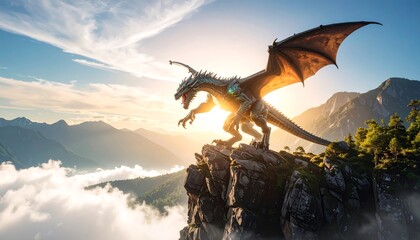 Dragon Standing on Mountain Peak at Sunset Overlooking Valley