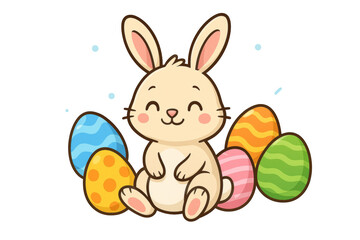 Cartoon bunny nestling cheerfully near colorful easter eggs, isolated on transparent background for festive seasonal designs