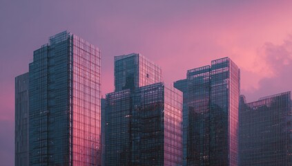 Fototapeta premium Modern city skyline at dusk, tinted in a soft pink hue