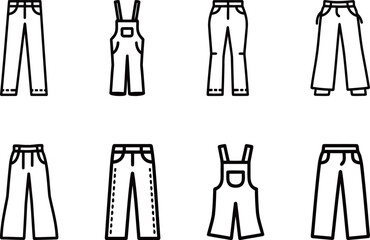 Collection of various pants and trousers vector icons, featuring jeans, overalls, and wide-leg styles, for fashion and clothing themes.