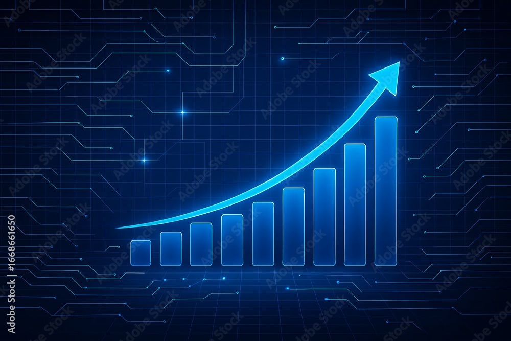 Poster glowing blue bar graph with upward trending arrow on a dark digital background