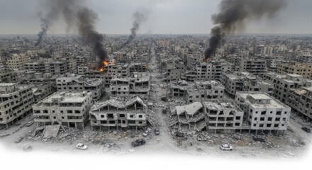 Devastated city landscape shows widespread destruction and smoke
