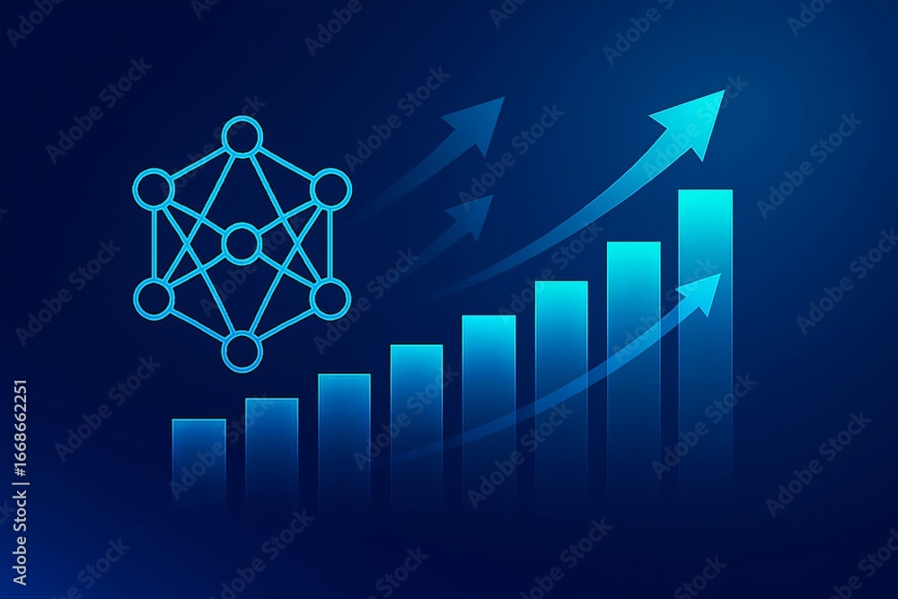 Poster neural network and growing bar chart representing data science and ai growth