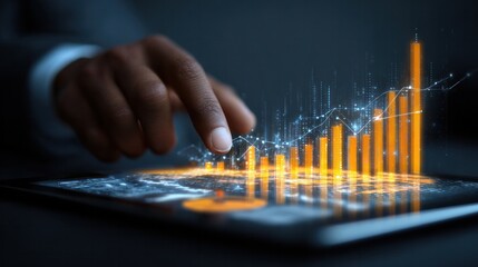 Data Analysis: A close-up perspective captures a hand interacting with a digital tablet, where illuminated data visualizations display dynamic growth trends and financial success.