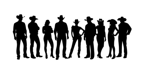 Silhouette of cowboys wearing hats vector illustration group of people western theme isolated on white background.icon