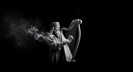 Naklejka premium Elderly man playing harp with smoke on black background 