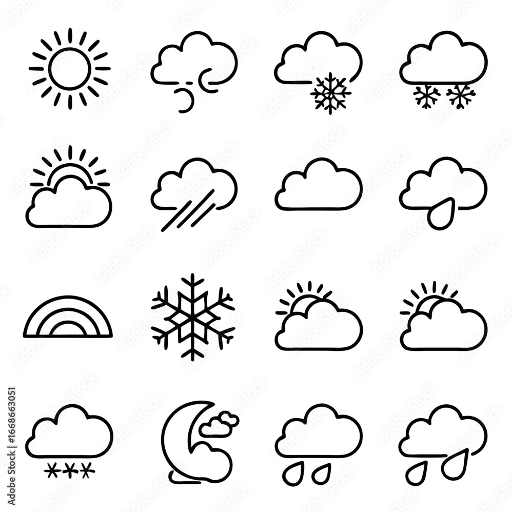 Poster weather icons representing different weather conditions such as sun, clouds, rain, snow, and storms 