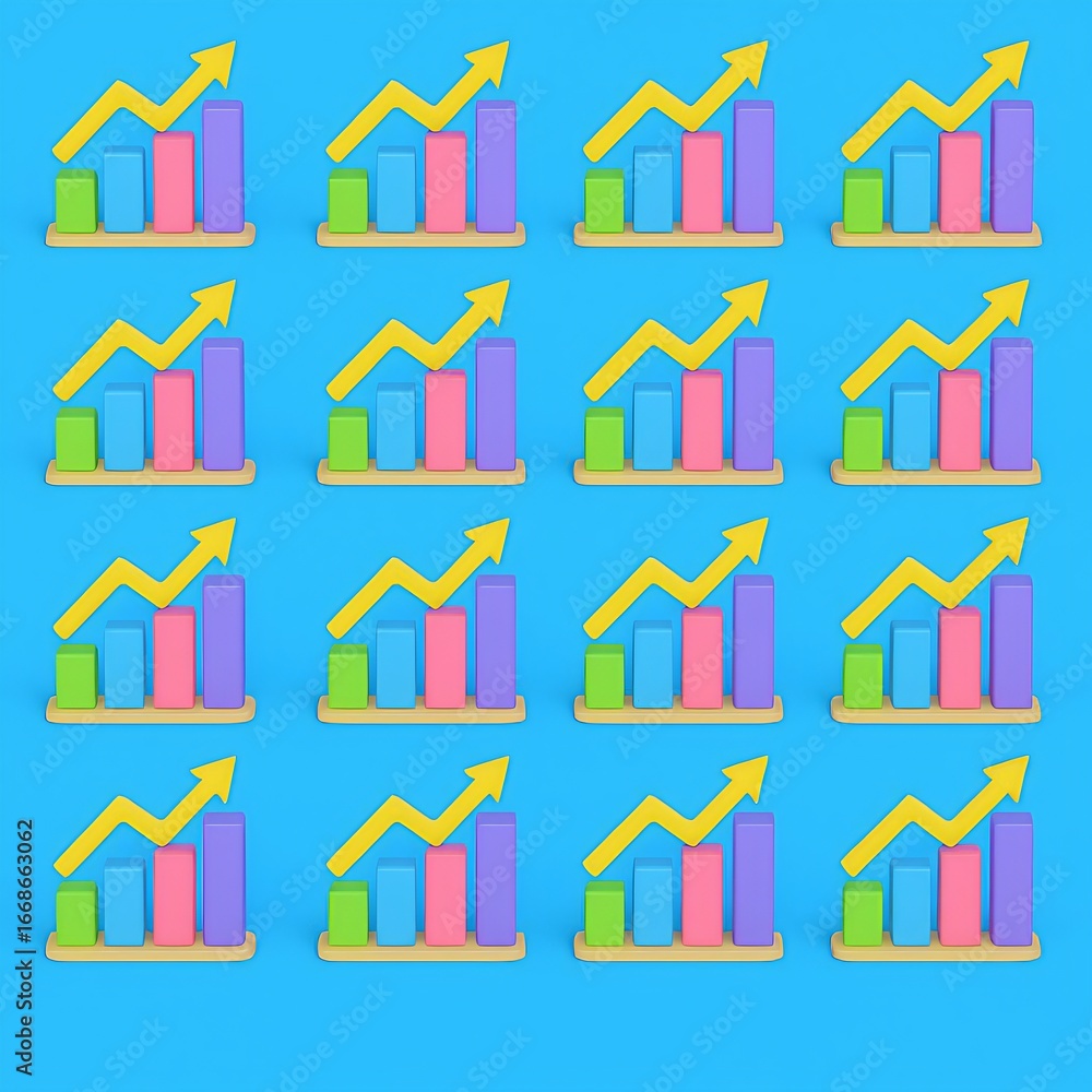 Poster repeating pattern of colorful bar charts with upward trending arrows on a blue background